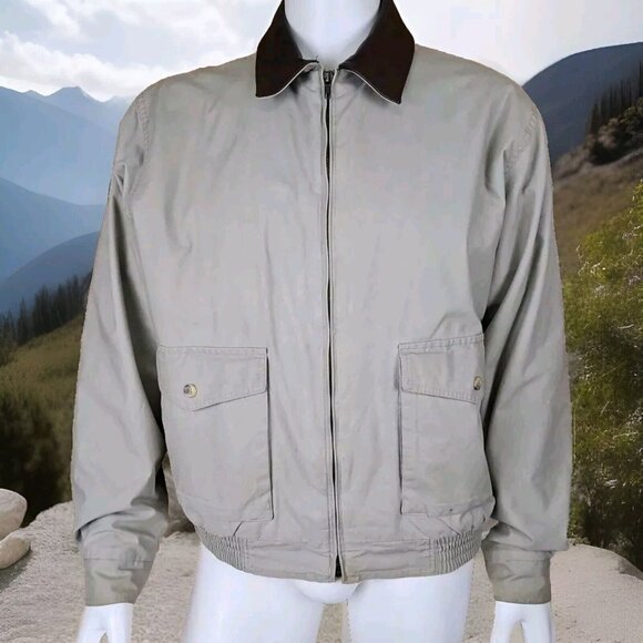 Vintage LL Bean Chore Jacket Mens L Leather Collar Beige Canvas Quilt Lined Work - Picture 1 of 13